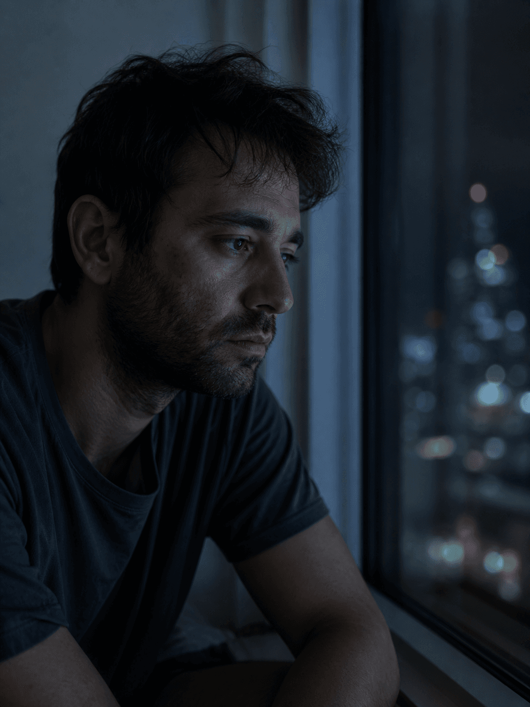 Man alone at night by a window—representing isolation, worry, and low confidence around intimacy.