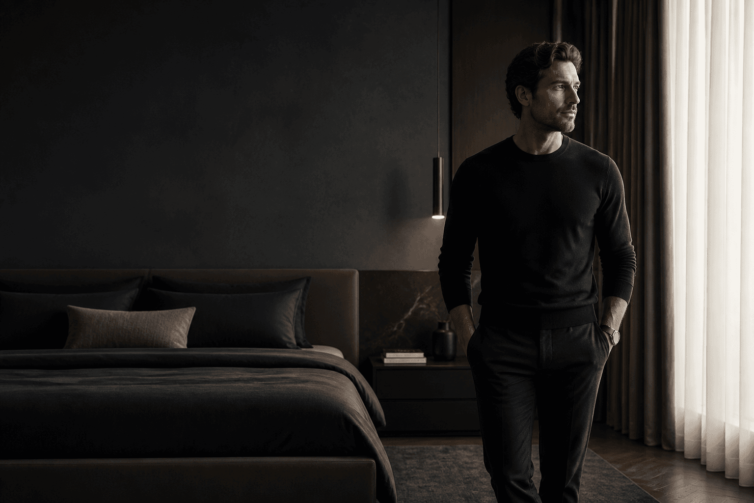 Confident man in a modern, softly lit bedroom—calm posture, tailored dark clothing; aspirational private setting.
