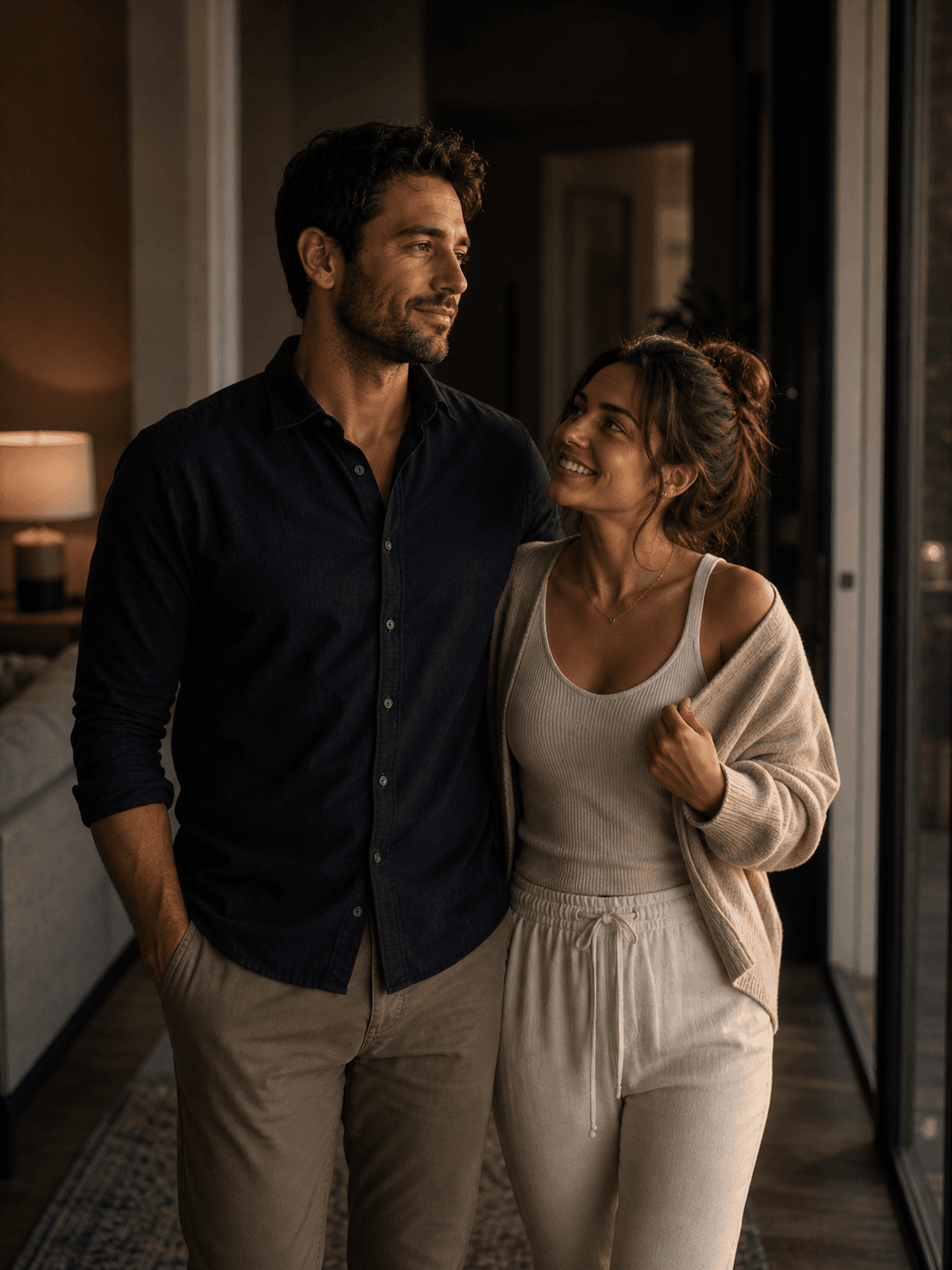 Couple close together at home in warm evening light—representing ease, intimacy, and the outcome of consistent execution.
